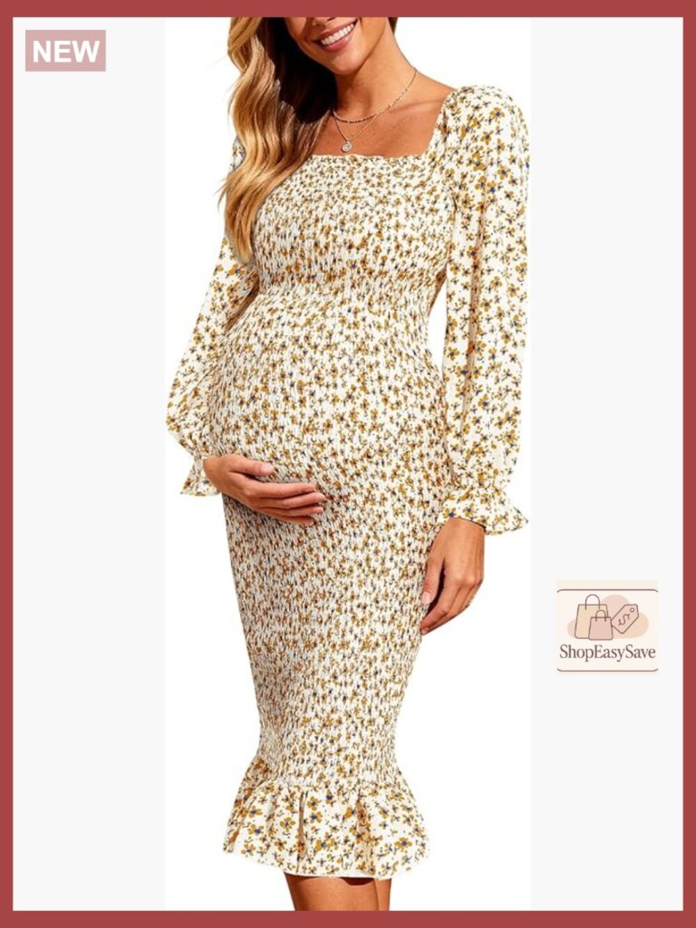 Long Sleeve Floral Smocked Mermaid Midi Dress Elegant Maternity Bodycon